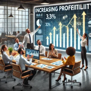 Inclusion et diversité dans le recrutement pour représenter la notion d’augmentation de la rentabilité, montrant une équipe analysant des graphiques de croissance financière dans un environnement professionnel moderne et motivant.